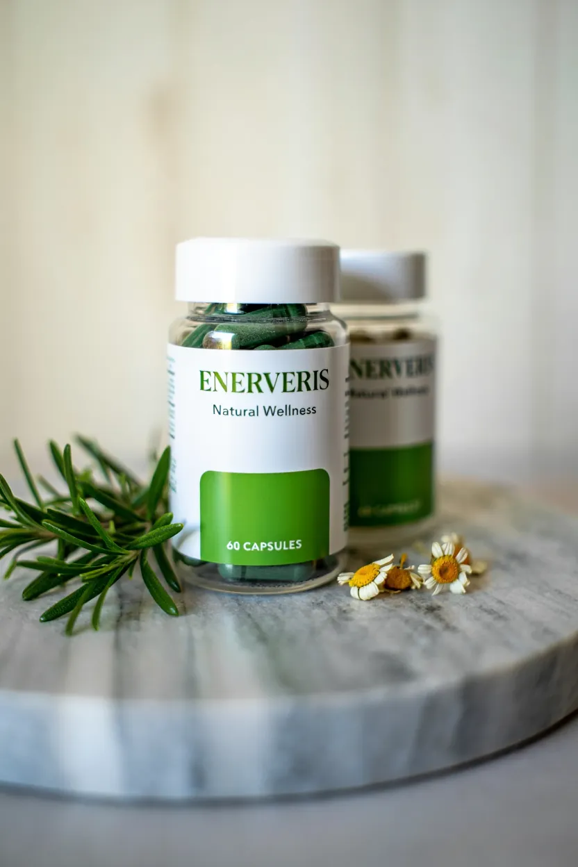 Enerveris natural wellness supplement bottle with green and white packaging on a clean background